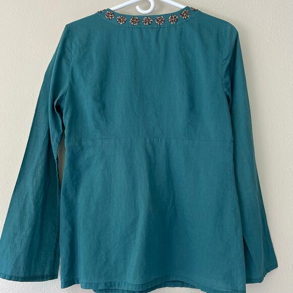 Loft babydoll bell sleeve beaded neckline cotton fairy Boho hippie teal blue M - Picture 8 of 12